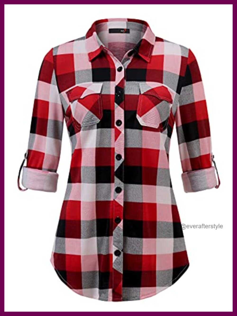Soft Stretchy Plaid Button Down Blouse Roll Up Long Sleeve Collared Top